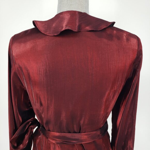 Xscape Wrap Blouse Top 10 Ruffle Trim Long Sleeve Iridescent Maroon Red Holiday - Picture 6 of 9